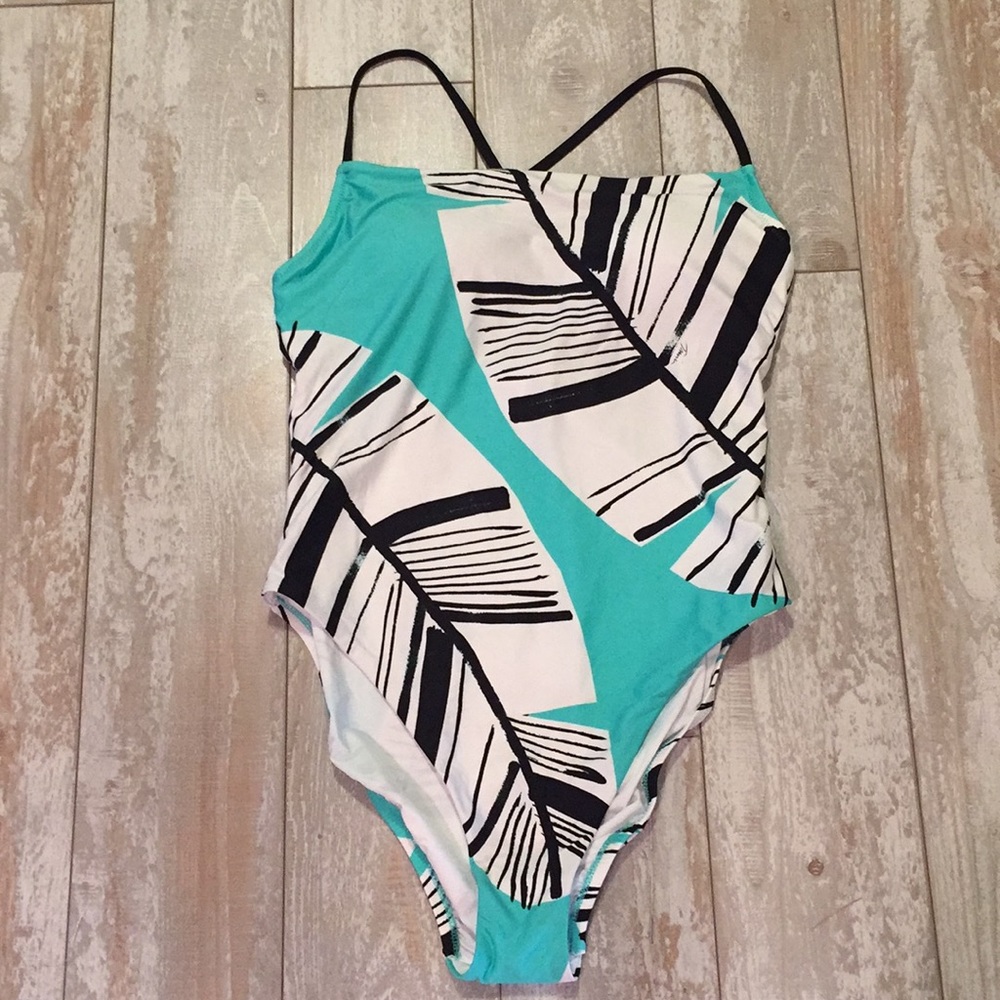 Trina Turk Turquoise Black White Graphic One-Piece Swimsuit
